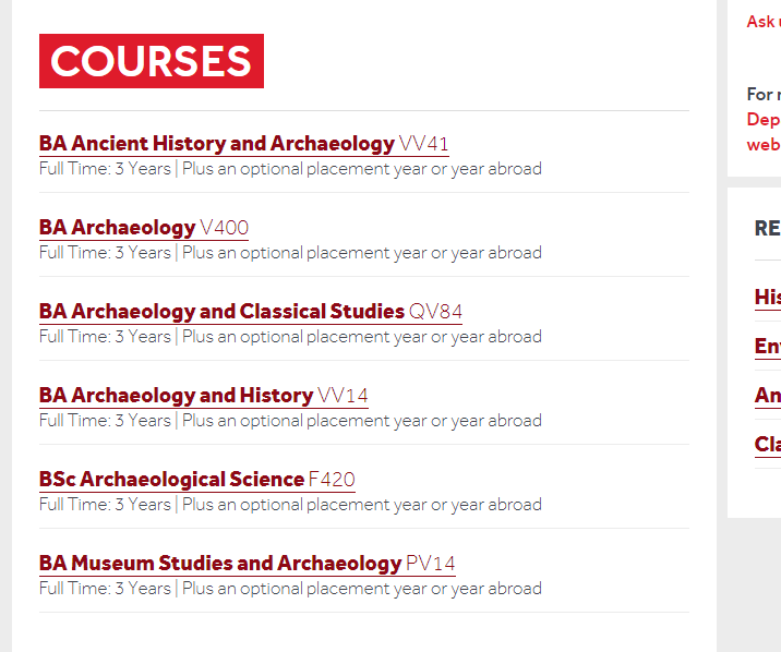 Archaelogy is one of the subject pages we have with the courses being listed about halfway down the page.