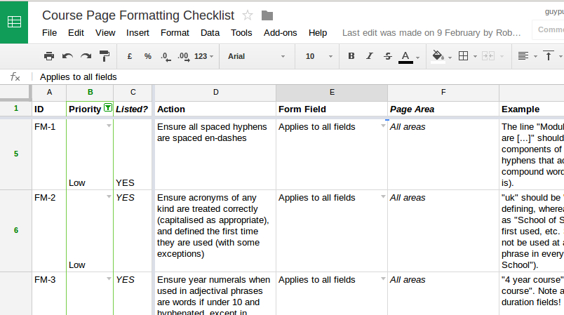 Picture of the Google sheet I created.