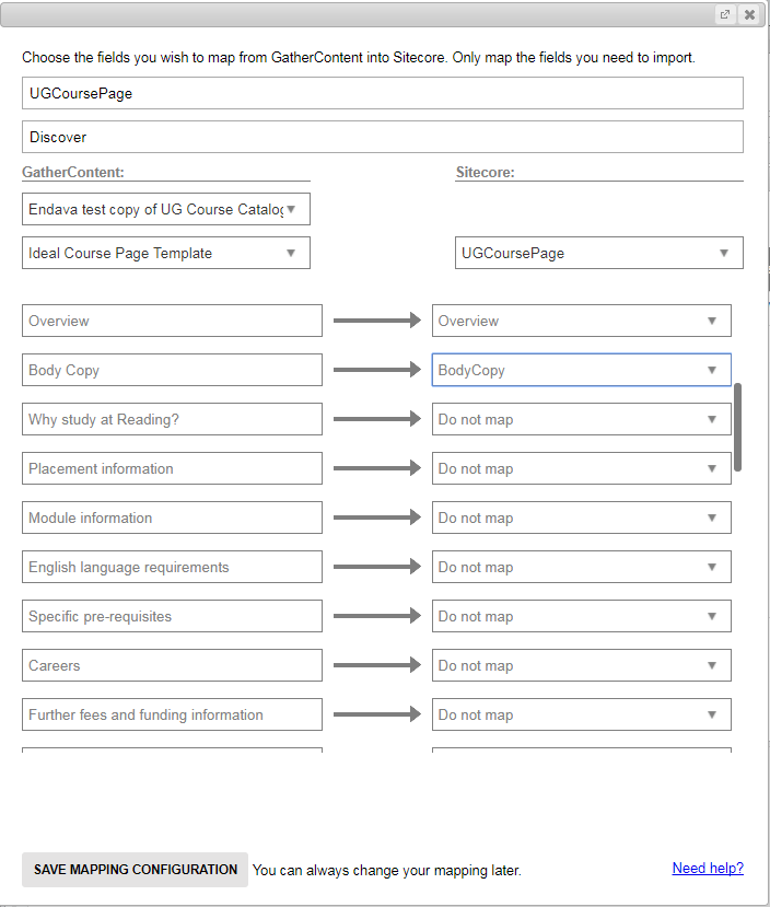 The fields are listed in two columns, one for GatherContent, the other for Sitecore, where you can select the target field from a drop-down list.