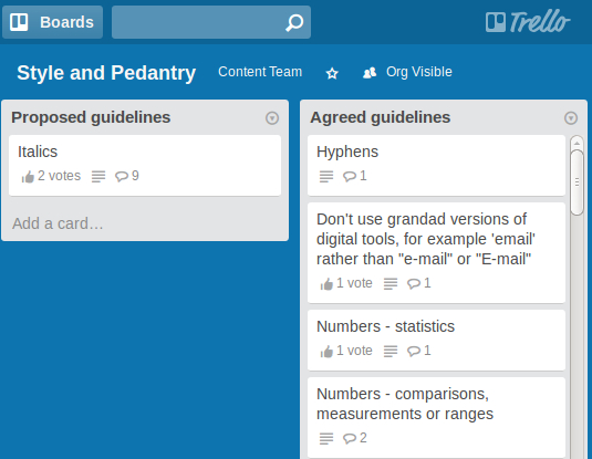 Picture of lists on our Trello board.